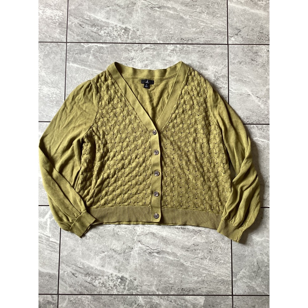 Jason Wu Women Olive Green Scallop Textured Knit V-Neck Cardigan Sweater 1X
